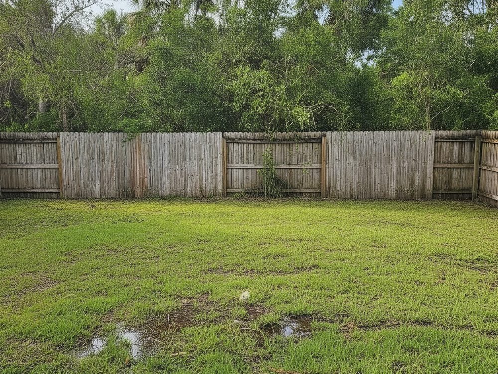 Backyard after cleanup, clean lawn