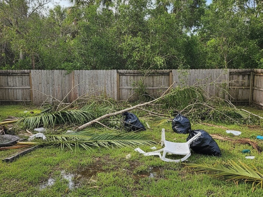 Backyard before, storm and yard debris