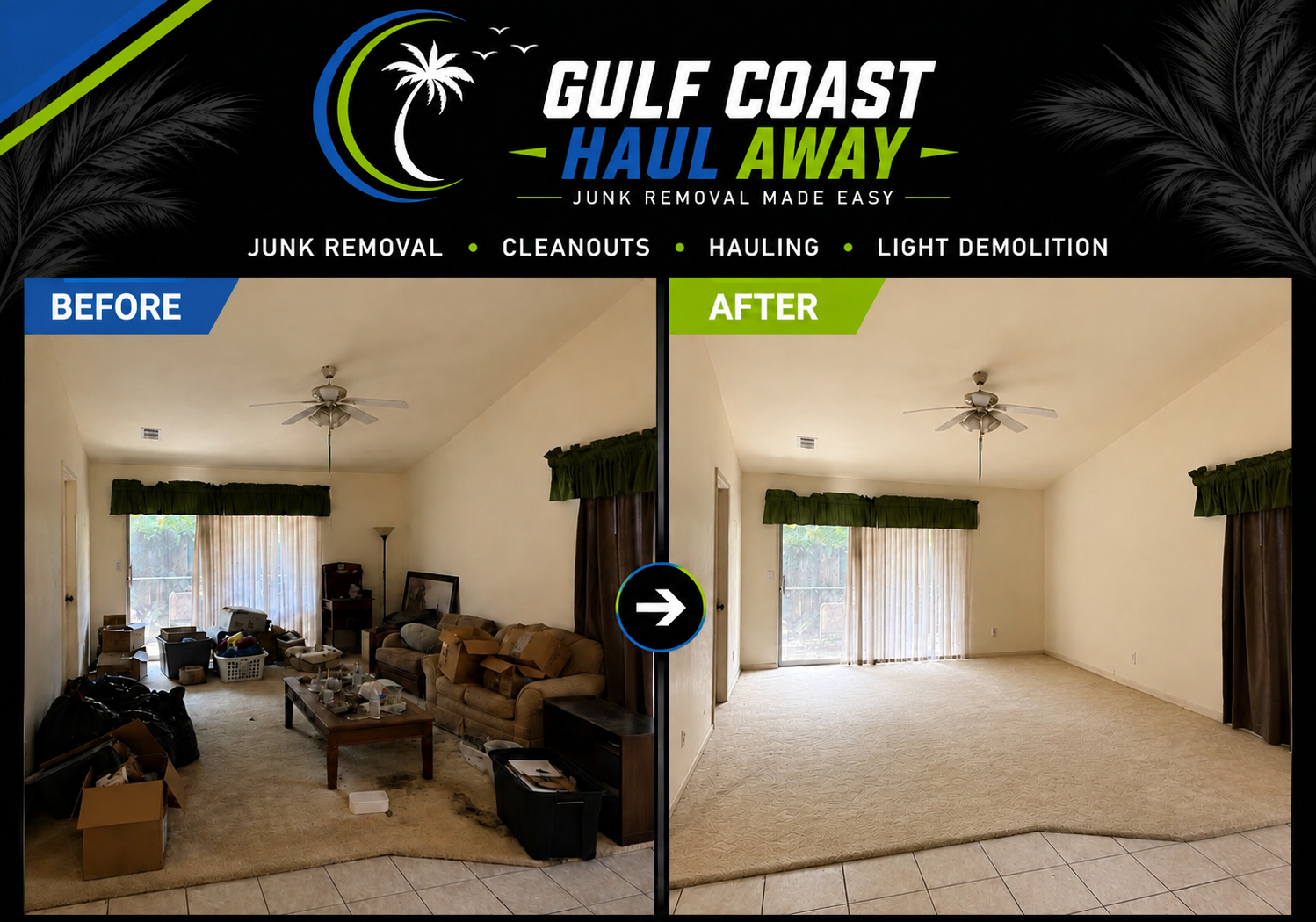 Gulf Coast Haul Away before and after living room cleanout - junk removal, cleanouts, hauling and light demolition.
