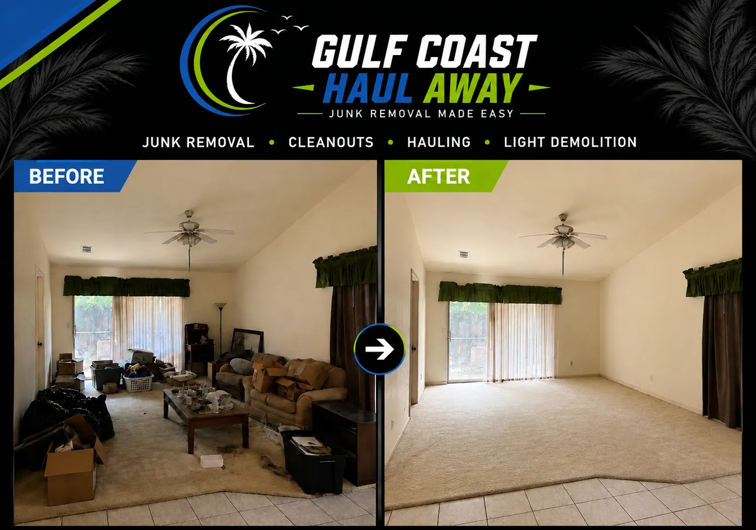 Gulf Coast Haul Away before and after living room cleanout - junk removal, cleanouts, hauling and light demolition.