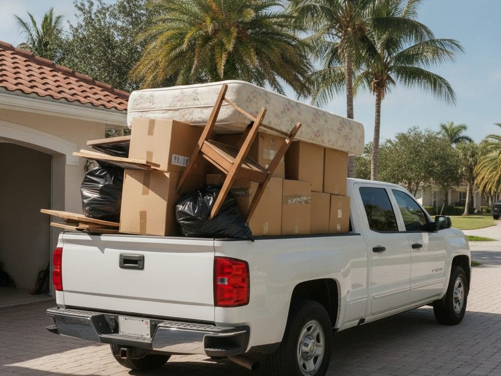 Pickup truck loaded with household junk ready to haul away
